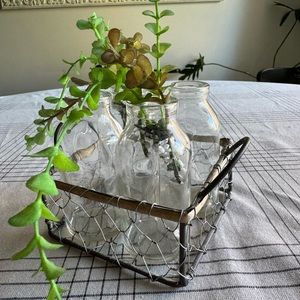 4 piece Glass Bottle Vase with Metal Holder with wood trim.